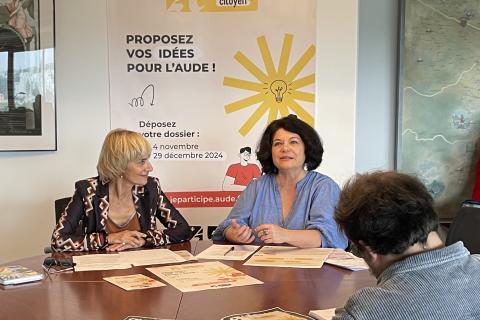 La présidente du Département de l'Aude Hélène Sandragné et la vice-présidente en charge de la démocratie Valérie Dumontet ont présenté les contours du budget citoyen à la presse, ce lundi 4 novembre.