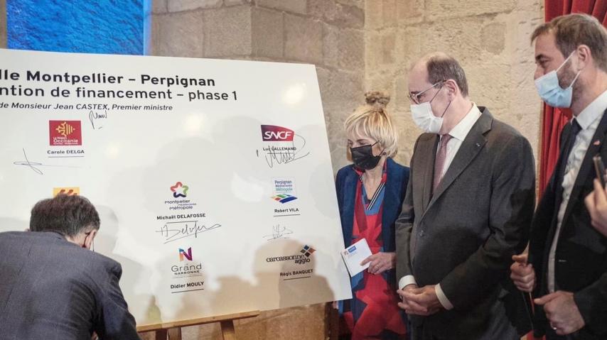 Signature convention d'engagement pour la ligne à grande vitesse Montpellier Perpignan avec Jean Castex et Hélène Sandragné, Département de l'Aude