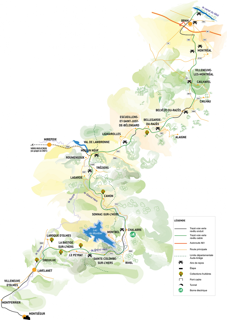 carte voie verte de Bram dans l'Aude à Montsegur dans l'Ariège